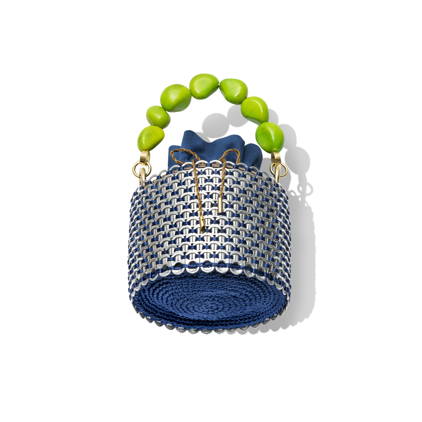 Back view of the Leonard Bucket Bag highlighting the structural beaded handle in lime tones and the seamless navy mesh base.