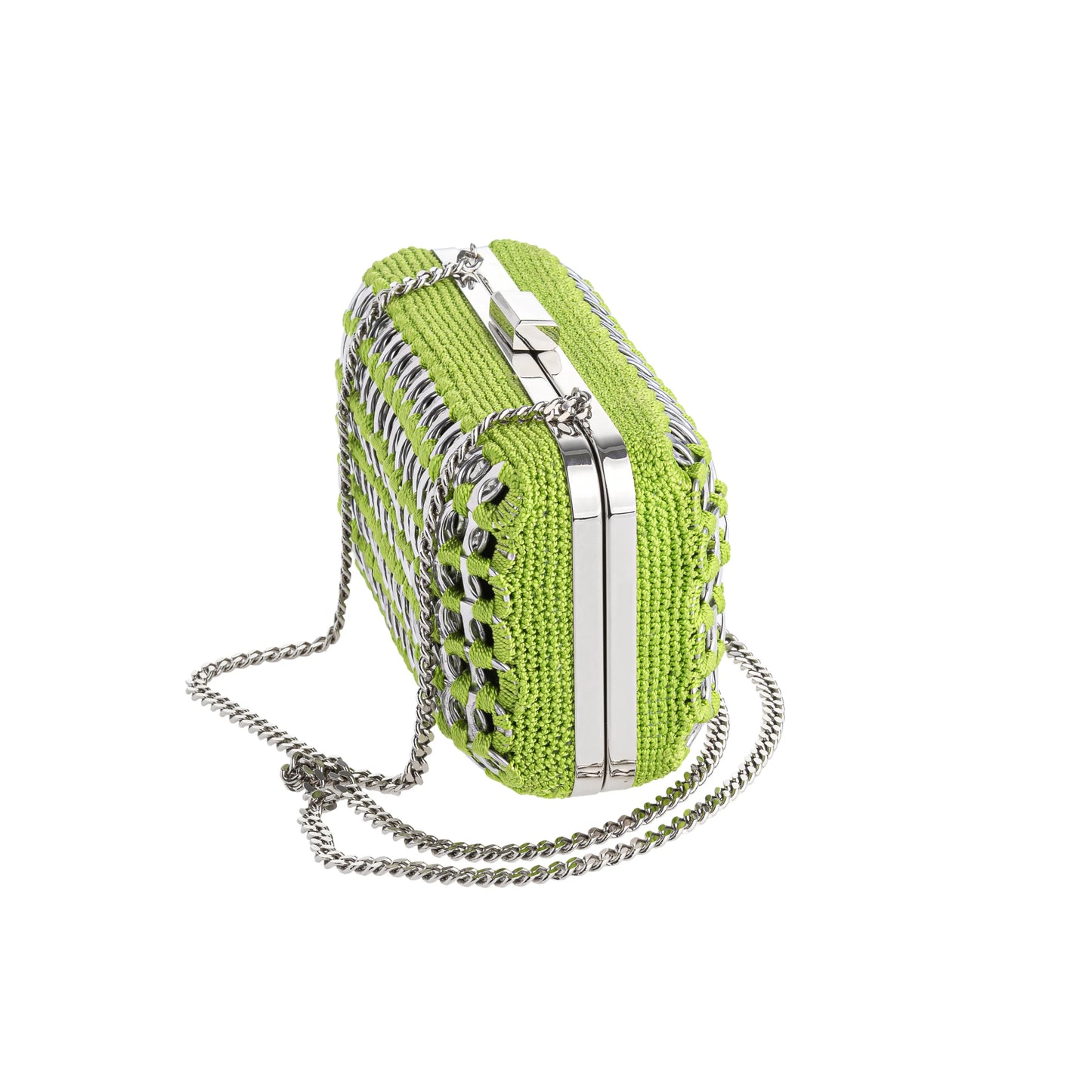 Side view of the structured crystal clutch highlighting its dimensional beading and compact shape.