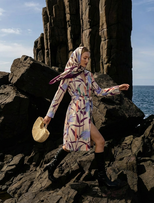 Woman in a floral dress and headscarf standing on rocky cliffs by the sea