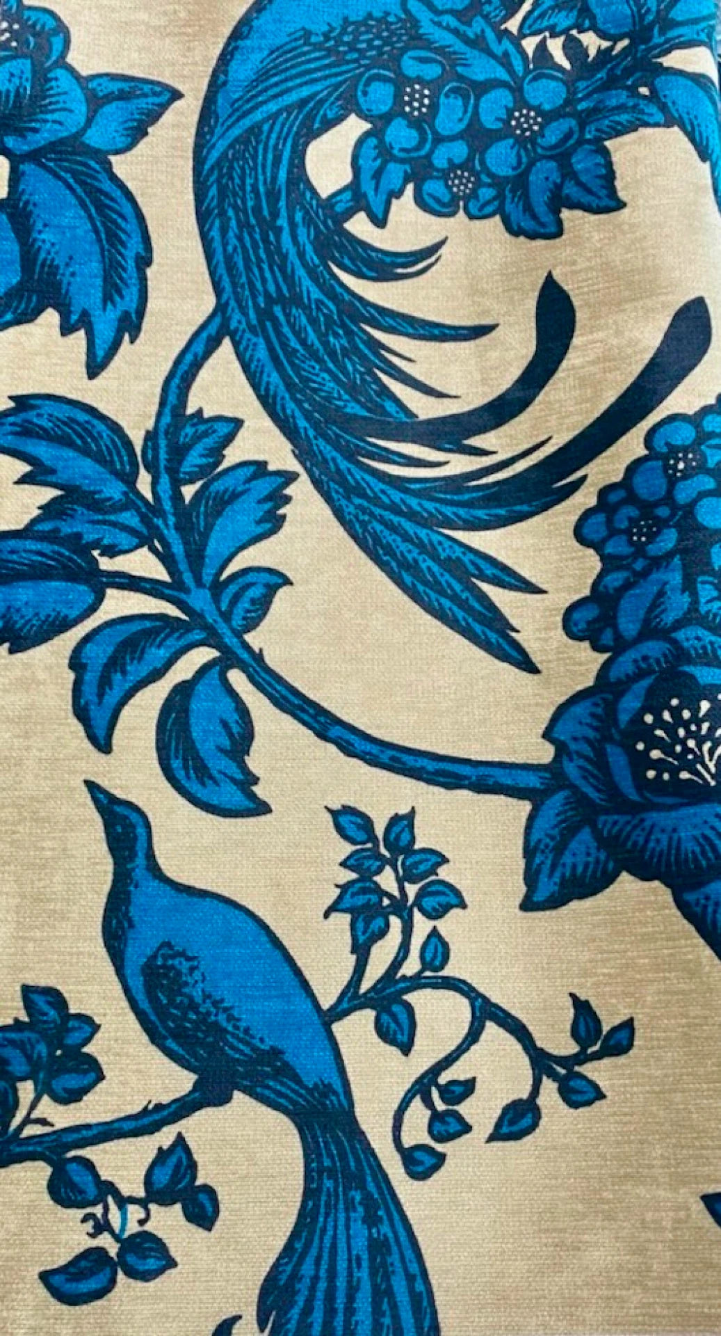 Birds of Paradise print on silk and linen blend fabric. Designed by Florence Broadhurst in Sydney, Australia and produced by My Paloma in Lima Peru