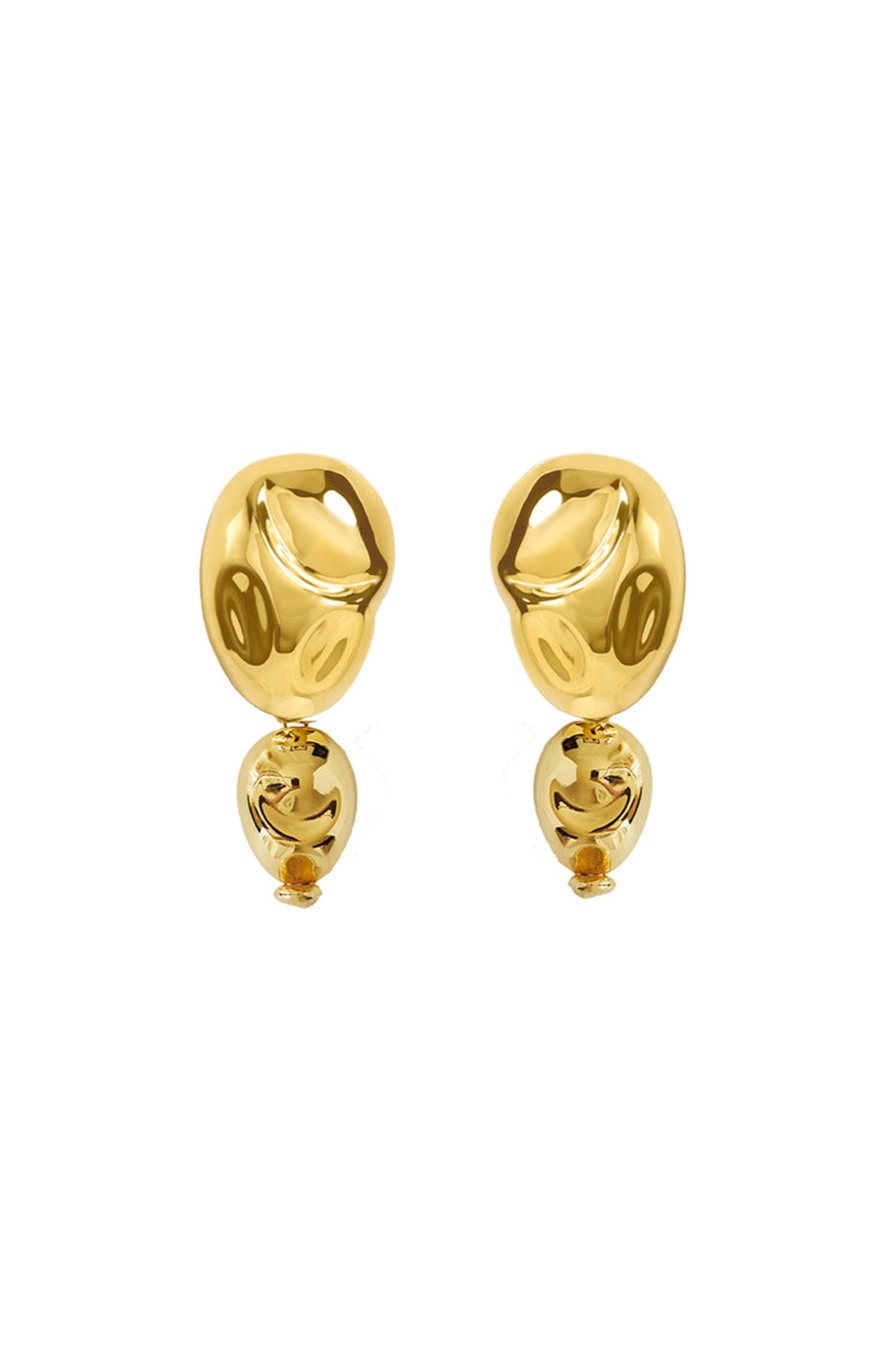 Sculptural 24KT gold-plated brass earrings featuring a bulbous drop design and a smooth, high-polish finish, paired with bullet clutch backs.