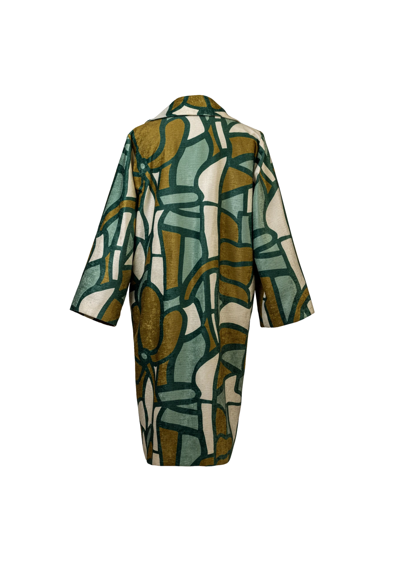 Back image of the Stained Glass Coat featuring bold archival print, shot in Berlin, Germany – wearable art from the My Paloma collection.