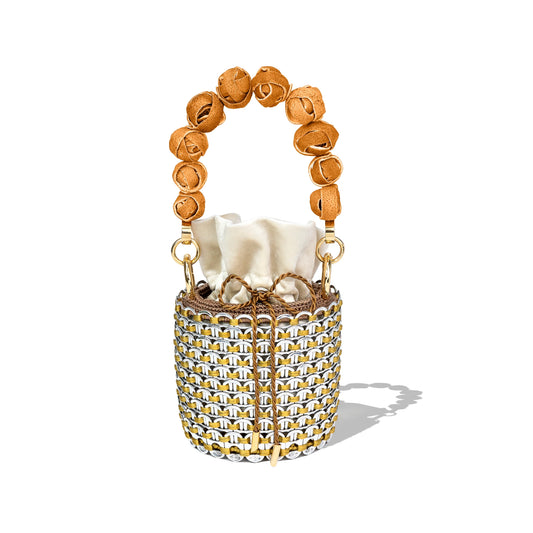 Louis Mini Bucket Bag with gold mesh body, wooden beaded handle, and white fabric pouch insert, styled on white background.