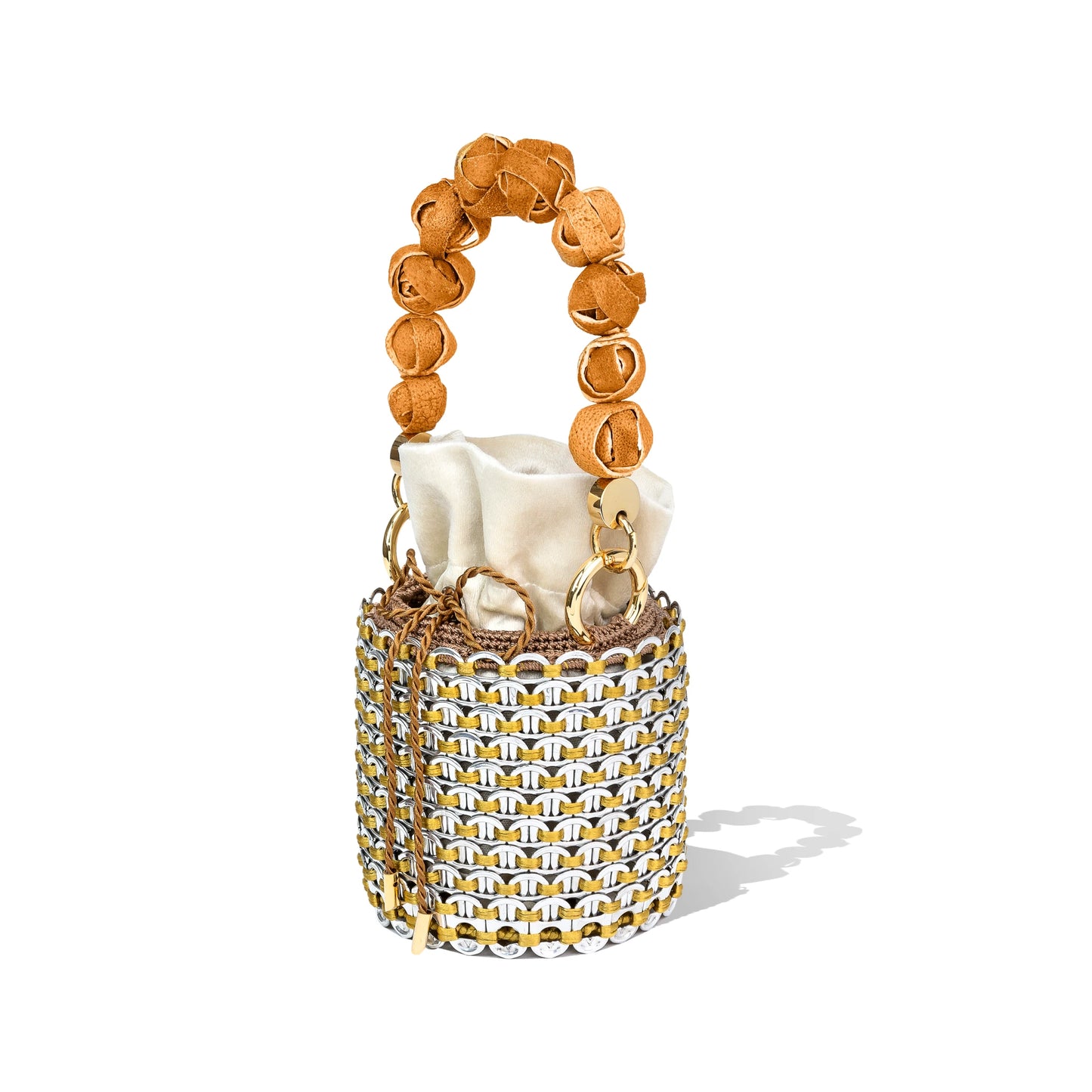 Louis Mini Bucket Bag in white mesh version with same beaded handle and cream fabric pouch, designed for luxe evening styling.