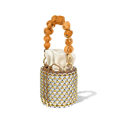Louis Mini Bucket Bag in white mesh version with same beaded handle and cream fabric pouch, designed for luxe evening styling.