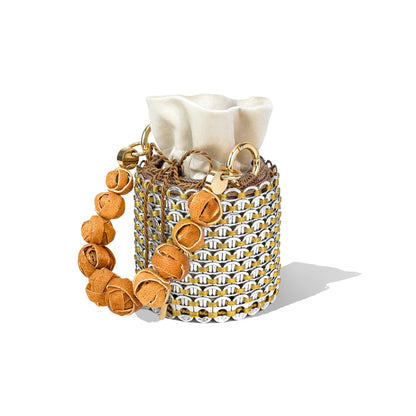 Top-down perspective of the Louis Mini Bucket Bag highlighting the gathered cream fabric lining and ornate handle detailing.