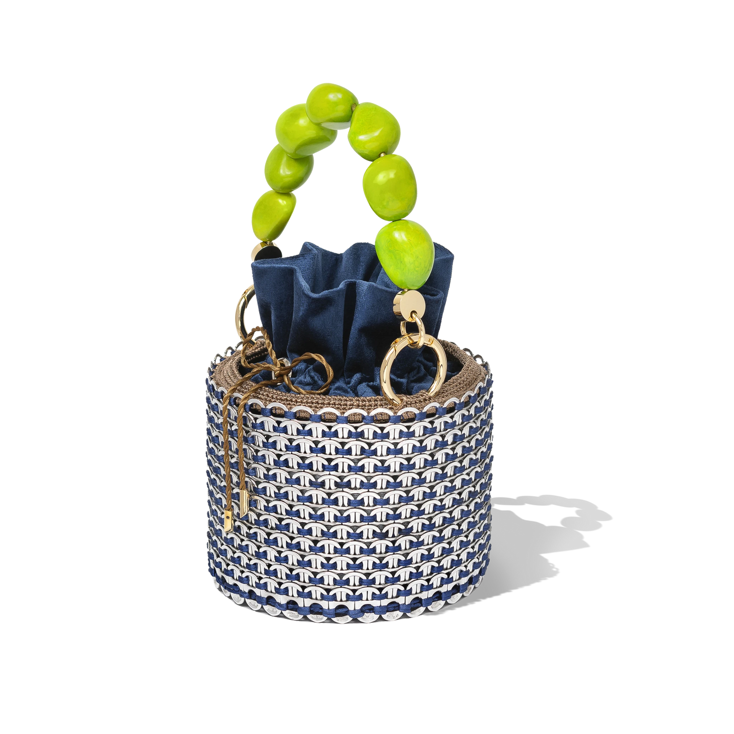 Leonard Bucket Bag featuring a cobalt crystal mesh body, lime green beaded handle, and a navy satin drawstring pouch insert, set against a white backdrop.