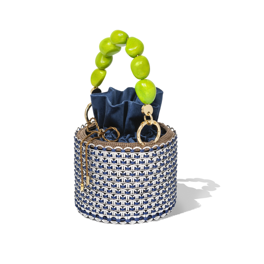 Leonard Bucket Bag featuring a cobalt crystal mesh body, lime green beaded handle, and a navy satin drawstring pouch insert, set against a white backdrop.