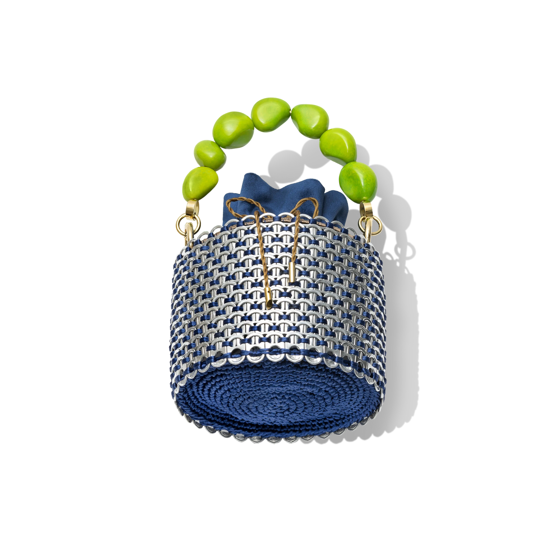 Back view of the Leonard Bucket Bag highlighting the structural beaded handle in lime tones and the seamless navy mesh base.