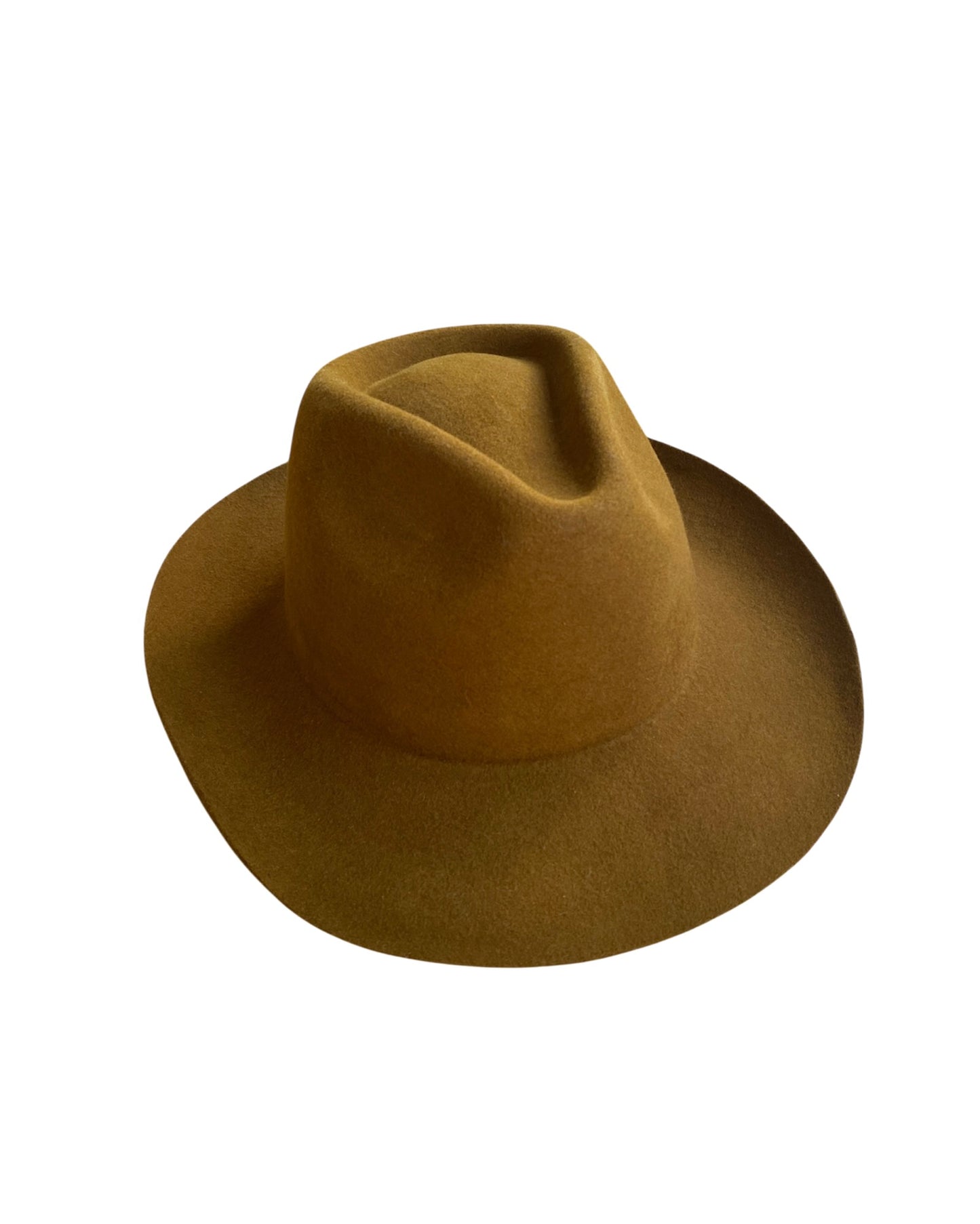 Side angle view of the Walnut fedora, showing the rich earthy hue and vibrant handwoven orange band wrapping around the crown.
