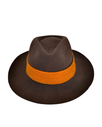 Sequoia brown wool-felt fedora hat with a wide brim and classic pinched crown, detailed with a bold burnt orange woven band—front view on a white background.

