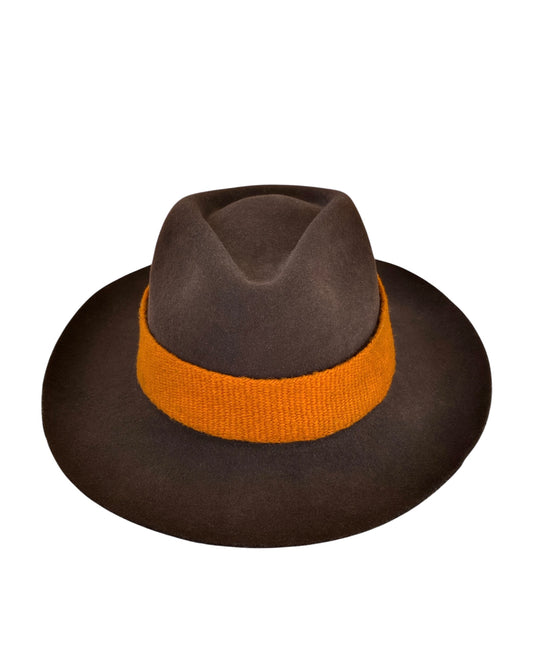 Sequoia brown wool-felt fedora hat with a wide brim and classic pinched crown, detailed with a bold burnt orange woven band—front view on a white background.

