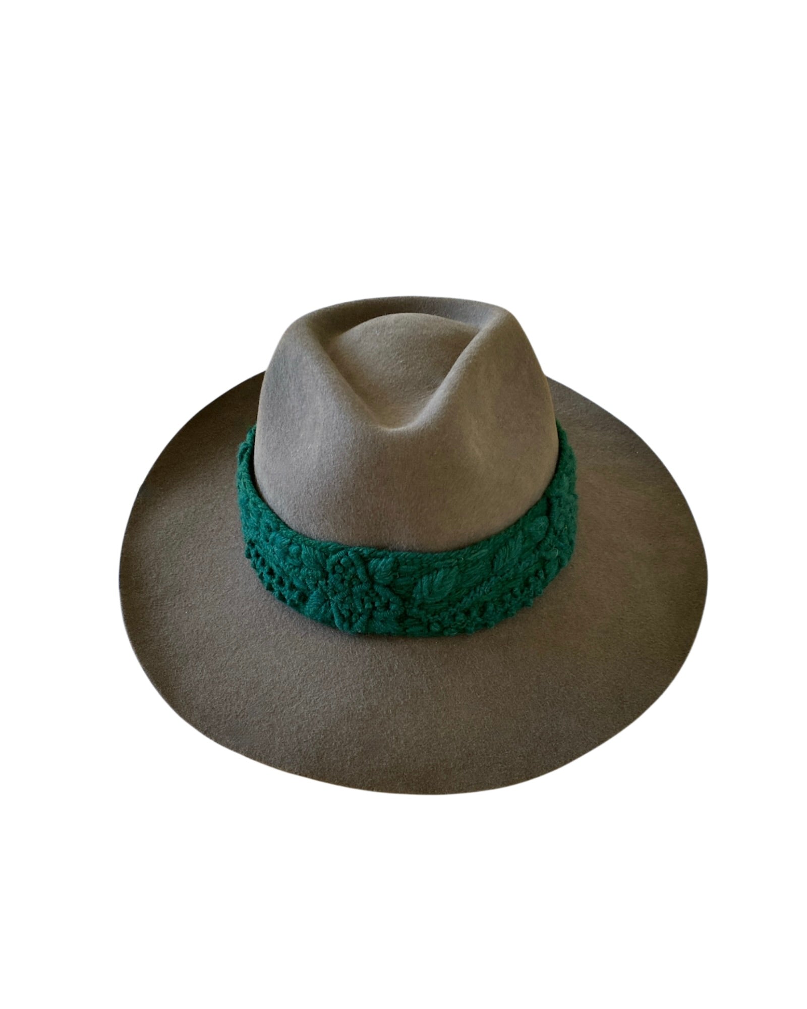 Shiitake brown wool-felt fedora hat with a wide brim and distinctive pinched crown, adorned with a vibrant textured green band—displayed front-facing on white background.