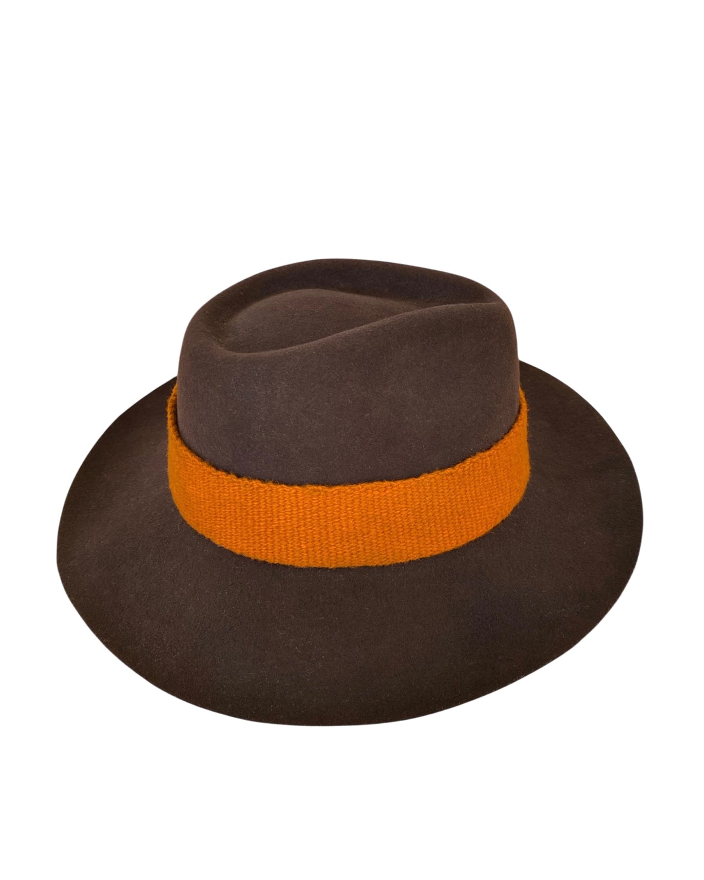 Angled side view of the Sequoia fedora highlighting the deep brown wool texture and vibrant orange hat band.