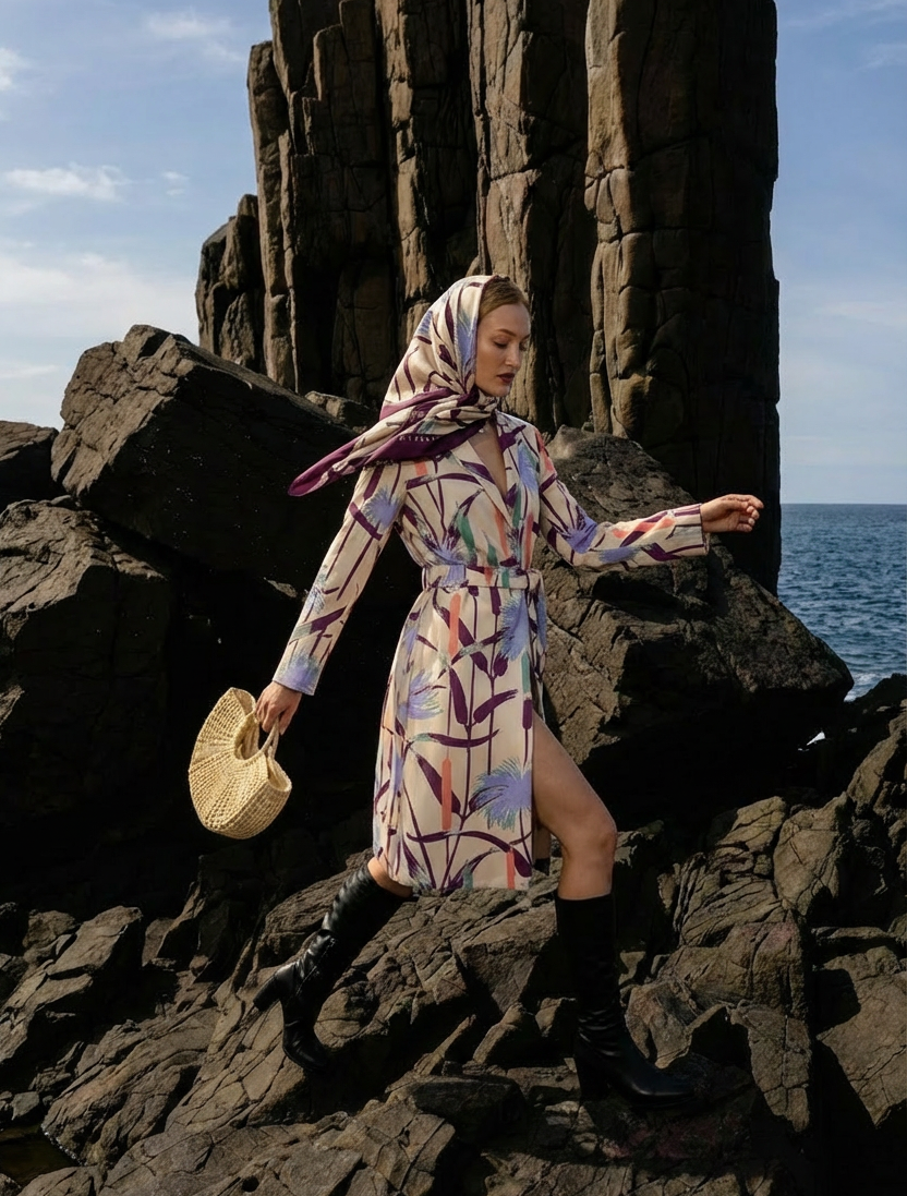 Woman in a floral dress and headscarf standing on rocky cliffs by the sea