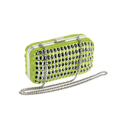 Lime green crystal-embellished rectangular clutch with a silver chain strap and structured silhouette, styled for evening or occasion wear.