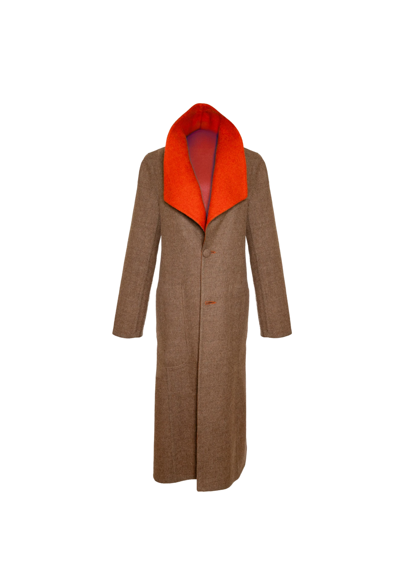 Front of Agnes Reversible Coat in warm brown with orange collar, photographed in Florence, Italy – collector’s outerwear by My Paloma.