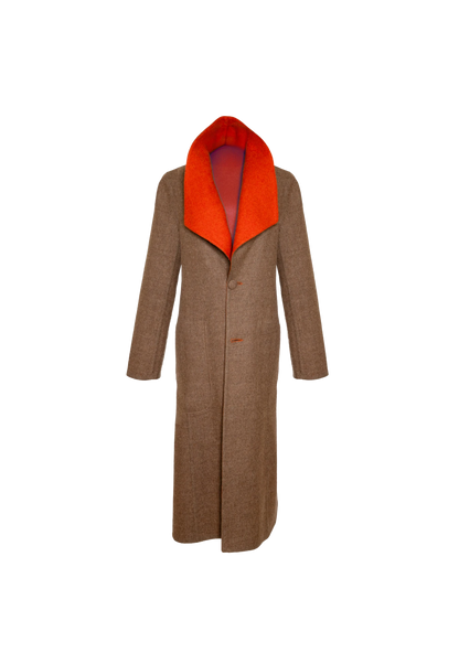 Front of Agnes Reversible Coat in warm brown with orange collar, photographed in Florence, Italy – collector’s outerwear by My Paloma.
