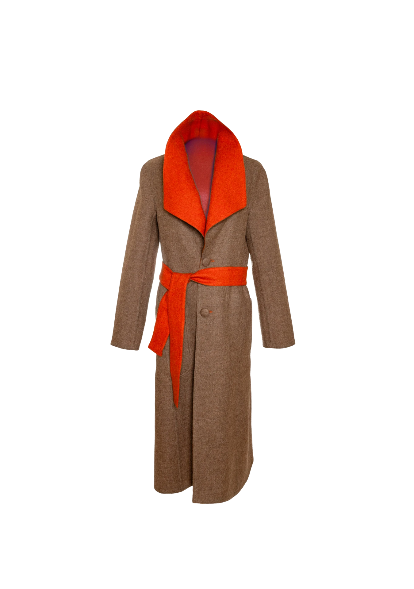 Front of Agnes Reversible Coat in warm brown with orange collar, photographed in Florence, Italy – collector’s outerwear by My Paloma.