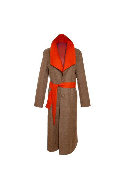 Front of Agnes Reversible Coat in warm brown with orange collar, photographed in Florence, Italy – collector’s outerwear by My Paloma.
