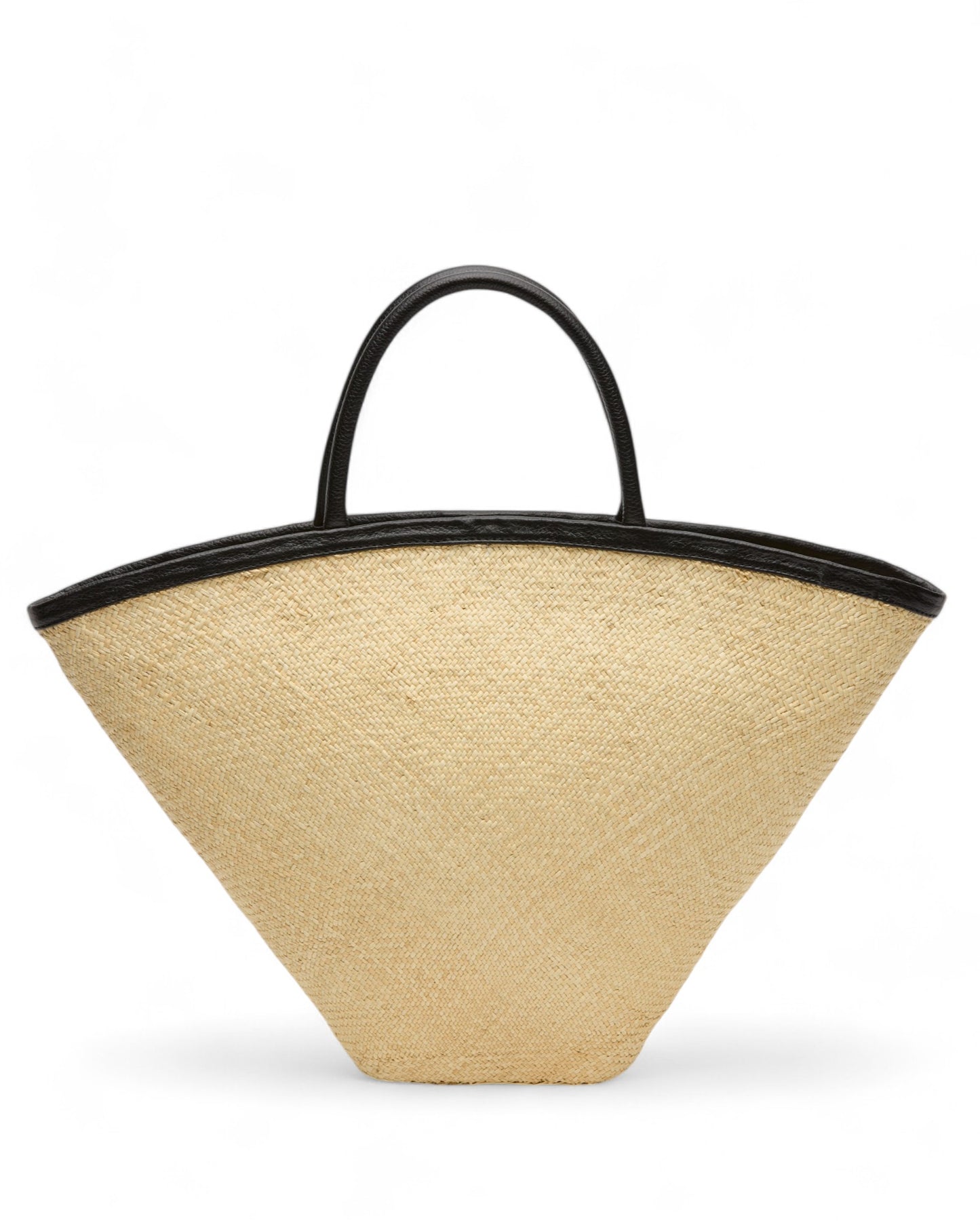 Angled view of the Seashell Mini Tote highlighting its geometric fan shape and sturdy black handles against a clean background.