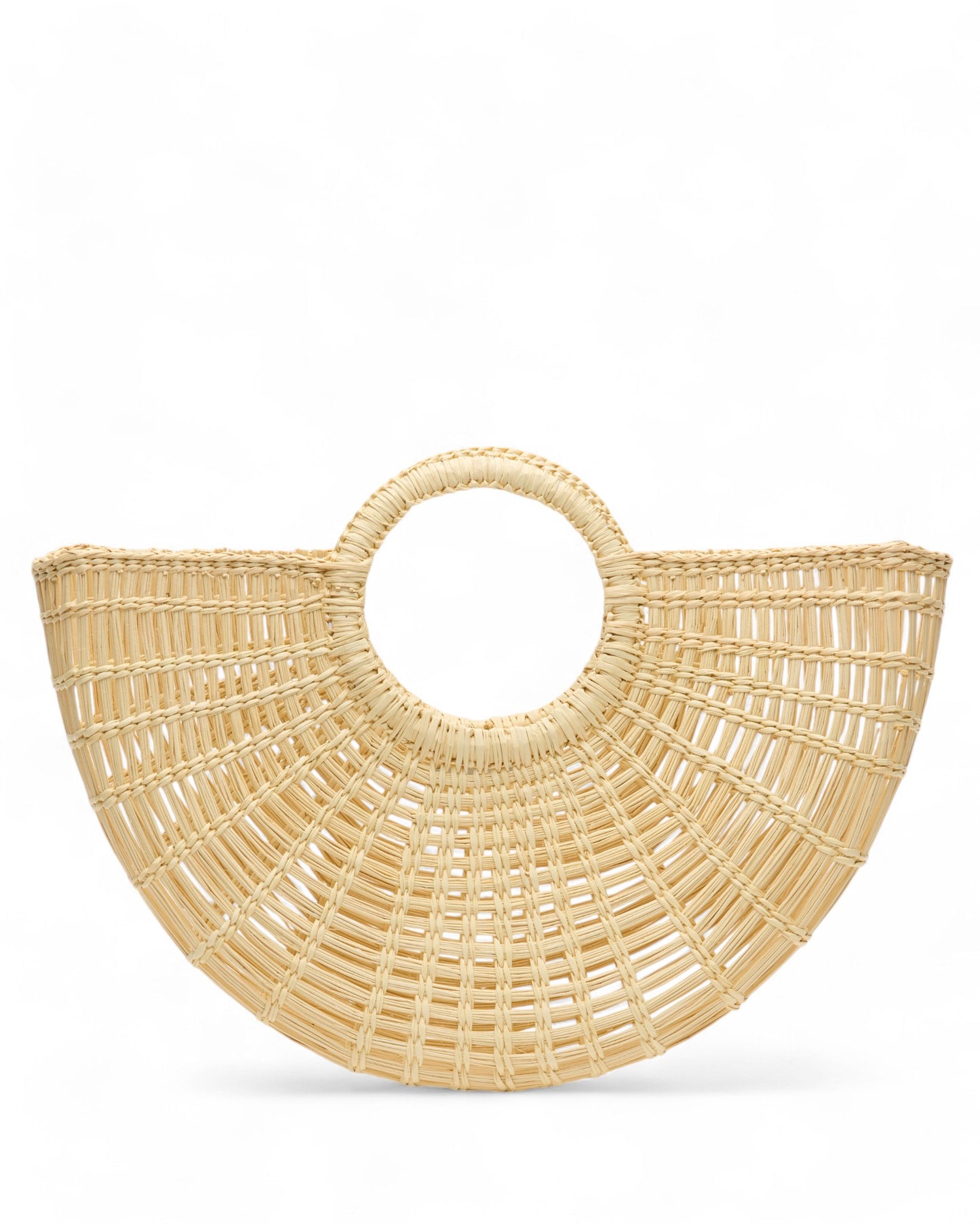 Side-angle flat lay of the Sailor Moon Tote, showcasing its semi-circular build, intricate weave pattern, and compact structure.