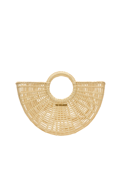 Front view of the Sailor Moon Tote, handwoven in natural toquilla straw with a circular handle and fan-shaped silhouette.

