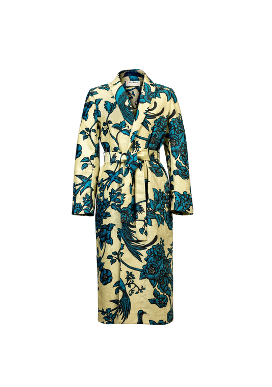 Front of Birds of Paradise Coat with cinched waist and peacock print, captured in Los Angeles, California – My Paloma’s artistic approach to fashion.