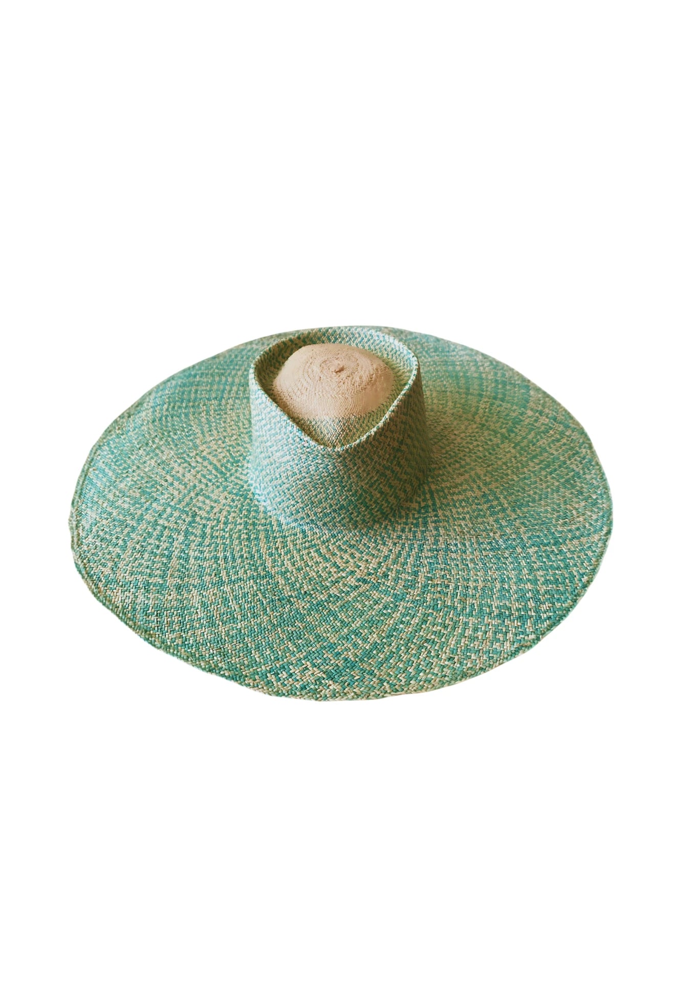 Angled product view of the Chalan Sunhat in Surf Marino, featuring its structured crown and oversized brim woven in seafoam green and beige—ideal for elevated sun-drenched styling.
