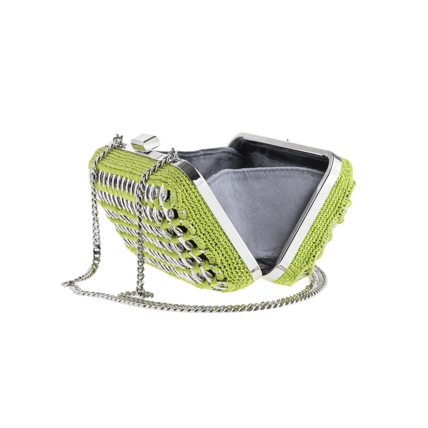 Interior view of the lime green crystal clutch bag, revealing a satin-lined compartment with secure clasp closure.