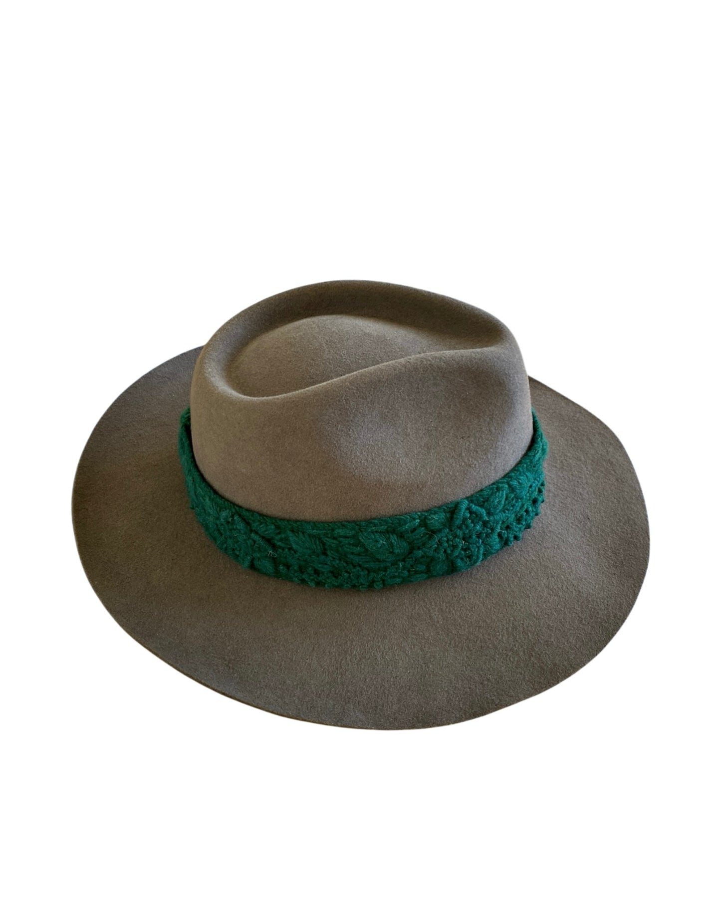 Side angle of the Shiitake wool-felt fedora showcasing the sculptural crown and statement green textured band against a clean white background.