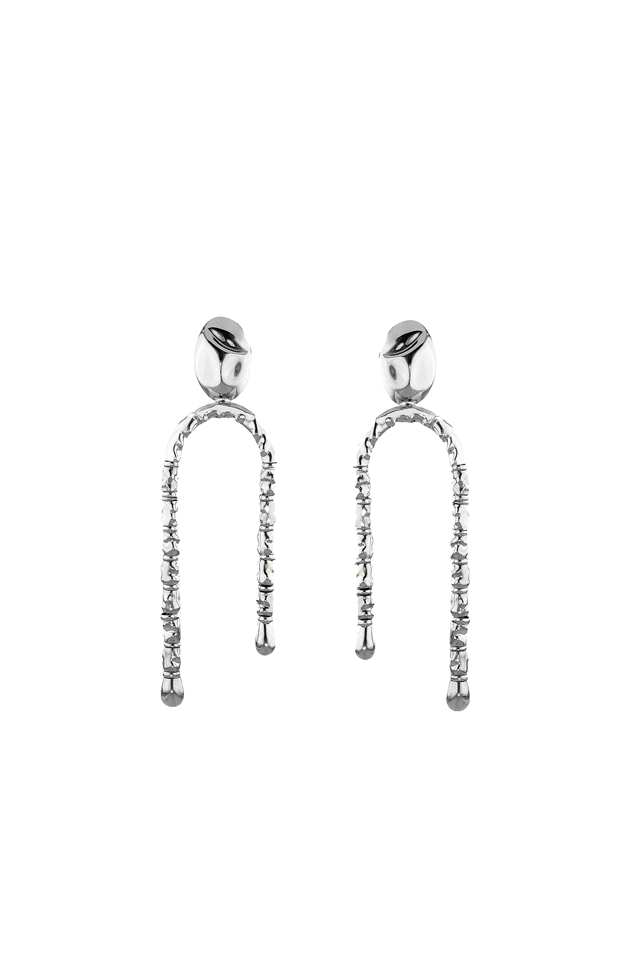 Pair of contemporary silver earrings with polished studs and long, U-shaped dangling chain links – minimalist yet sculptural design.