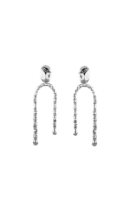 Pair of contemporary silver earrings with polished studs and long, U-shaped dangling chain links – minimalist yet sculptural design.