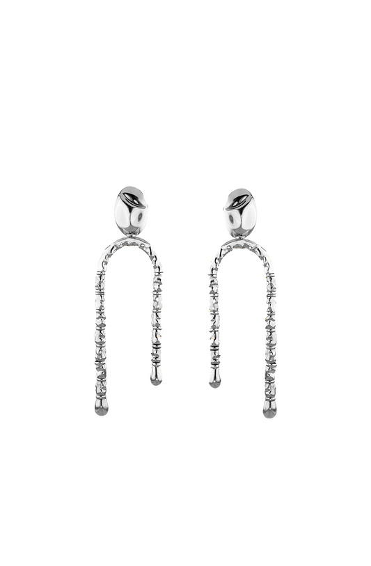 Pair of contemporary silver earrings with polished studs and long, U-shaped dangling chain links – minimalist yet sculptural design.