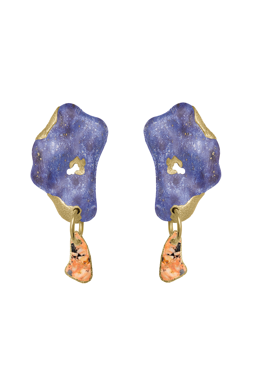 Pair of 24KT gold-plated earrings featuring irregular blue dumortierite stones with inlaid orange granite drops, creating an abstract, mineral-inspired silhouette.
