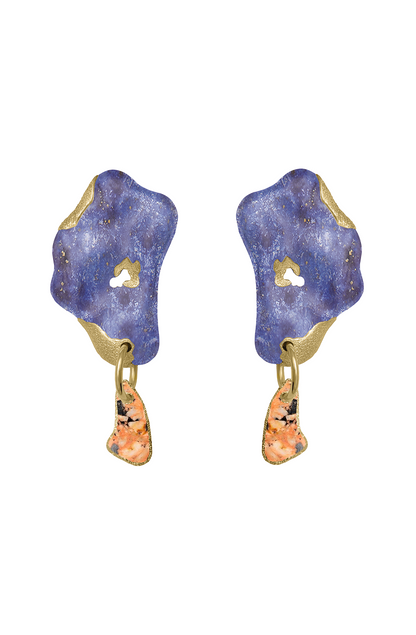 Pair of 24KT gold-plated earrings featuring irregular blue dumortierite stones with inlaid orange granite drops, creating an abstract, mineral-inspired silhouette.