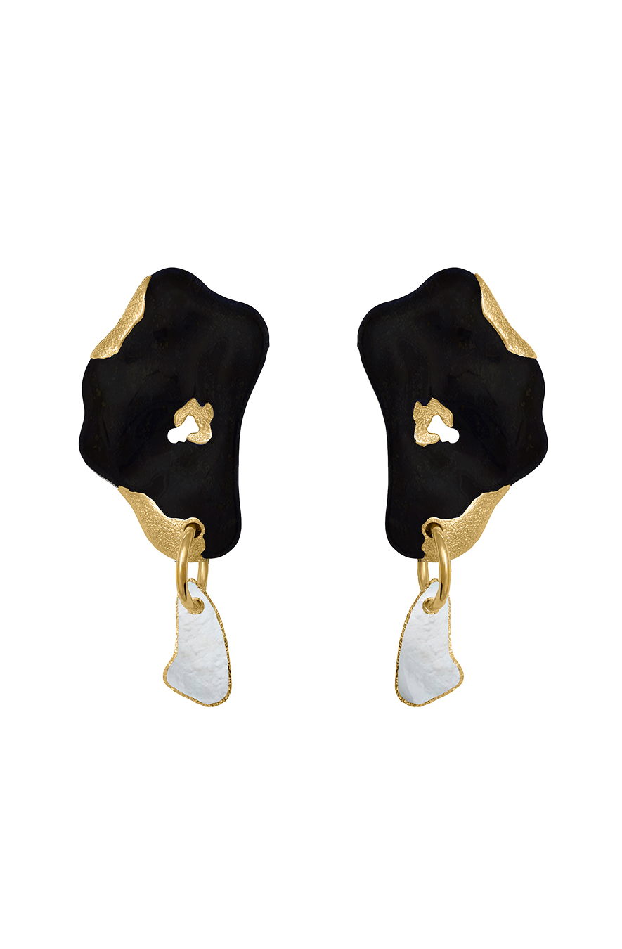 Pair of 24KT gold-plated earrings featuring organic-shaped black onyx with delicate mother of pearl inlays and drop accents.