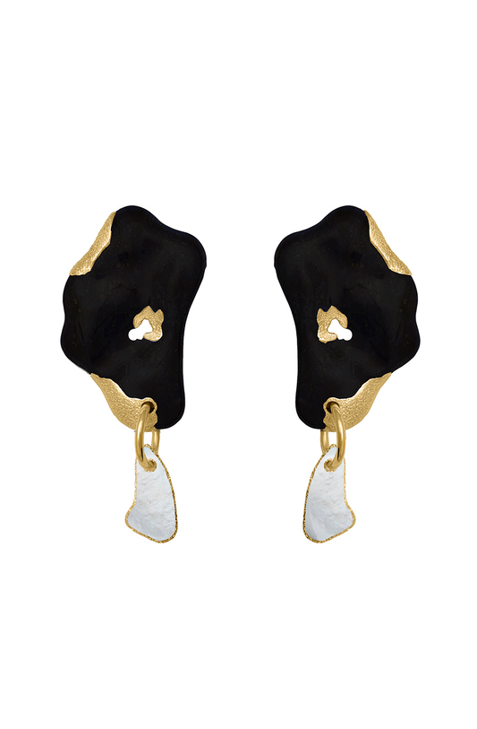 Pair of 24KT gold-plated earrings featuring organic-shaped black onyx with delicate mother of pearl inlays and drop accents.