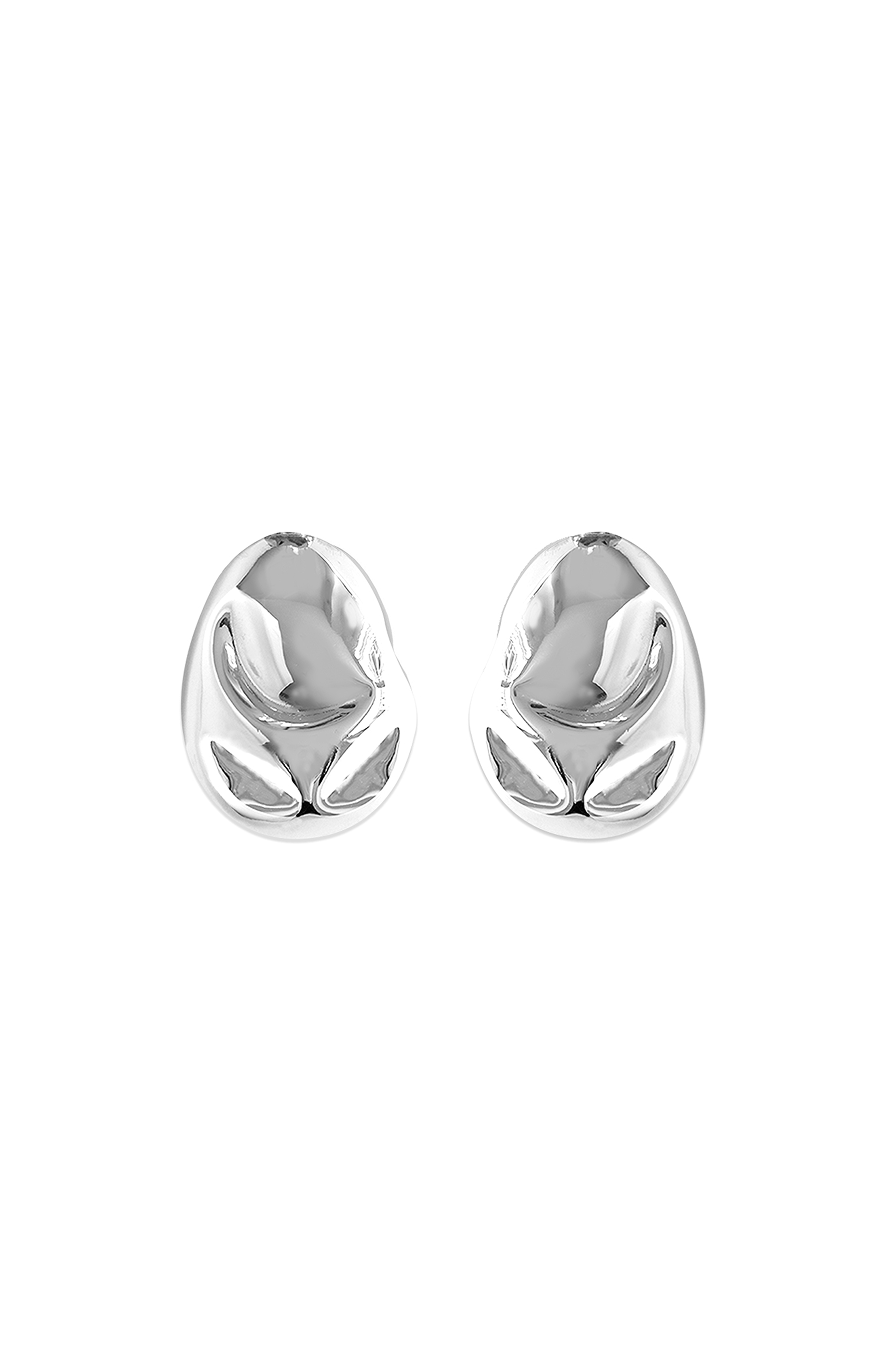 Pair of polished silver-tone sculptural stud earrings with a molten, fluid form evoking organic curves and texture.

