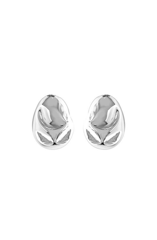 Pair of polished silver-tone sculptural stud earrings with a molten, fluid form evoking organic curves and texture.

