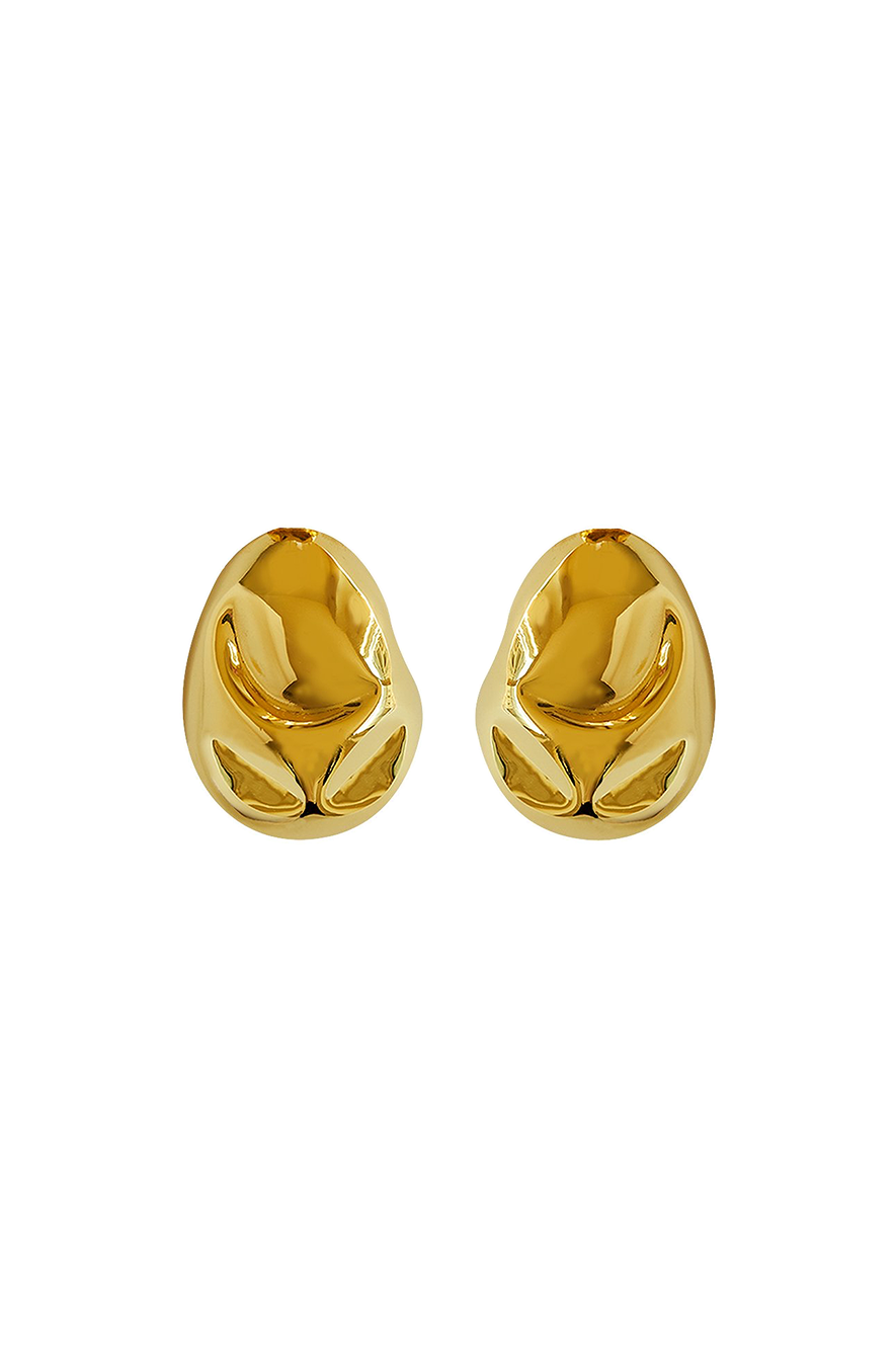 Pair of polished gold-tone sculptural stud earrings with an organic, molten design resembling abstract drops or pebbles.

