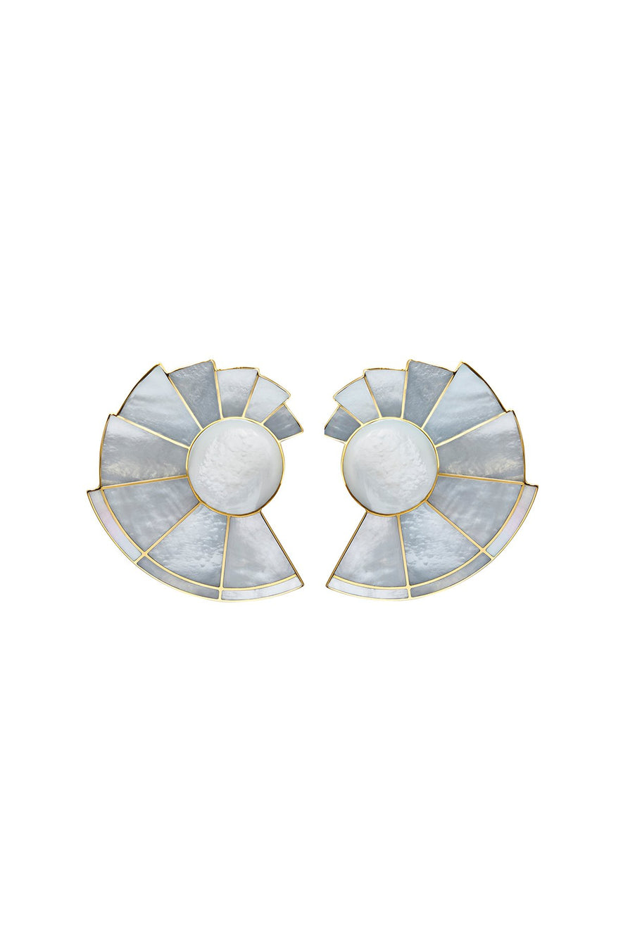 Elegant fan-shaped earrings crafted from natural mother of pearl and 24KT gold-plated brass, featuring custom inlaid stones and omega back closure.