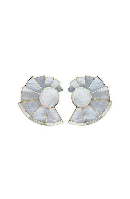 Elegant fan-shaped earrings crafted from natural mother of pearl and 24KT gold-plated brass, featuring custom inlaid stones and omega back closure.