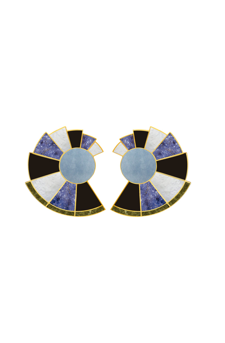 Pair of circular statement earrings with radiant segments of black onyx, mother of pearl, dumortierite, angelite, and unakite inlaid on 24KT gold-plated brass.