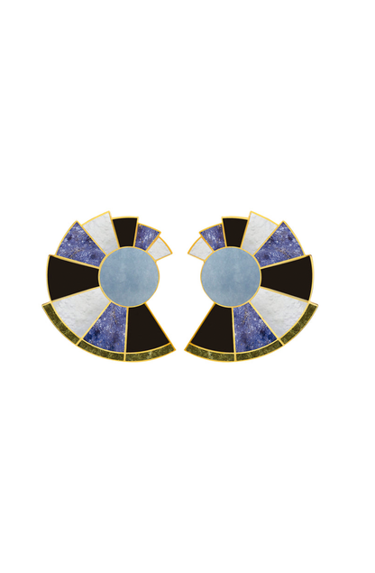Pair of circular statement earrings with radiant segments of black onyx, mother of pearl, dumortierite, angelite, and unakite inlaid on 24KT gold-plated brass.