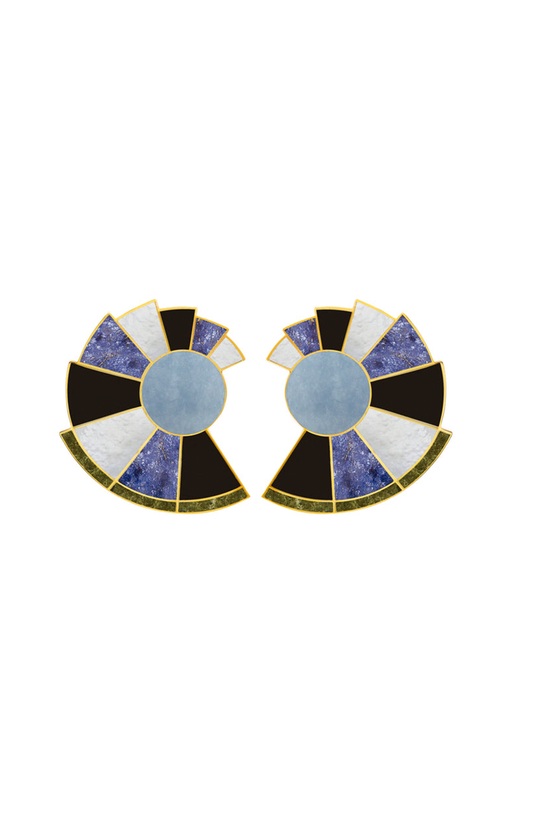 Pair of circular statement earrings with radiant segments of black onyx, mother of pearl, dumortierite, angelite, and unakite inlaid on 24KT gold-plated brass.