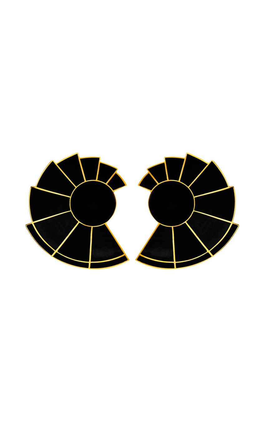 Bold black onyx fan-shaped earrings with 24KT gold-plated brass framing and custom inlaid stones, creating a striking geometric silhouette.

