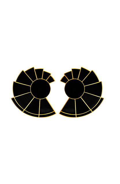 Bold black onyx fan-shaped earrings with 24KT gold-plated brass framing and custom inlaid stones, creating a striking geometric silhouette.

