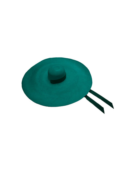 Top-down view of the Lady Ibiza Hat in emerald green, highlighting its full circular form, flared brim and soft structure—ideal for editorial shoots and luxury resort escapes.

