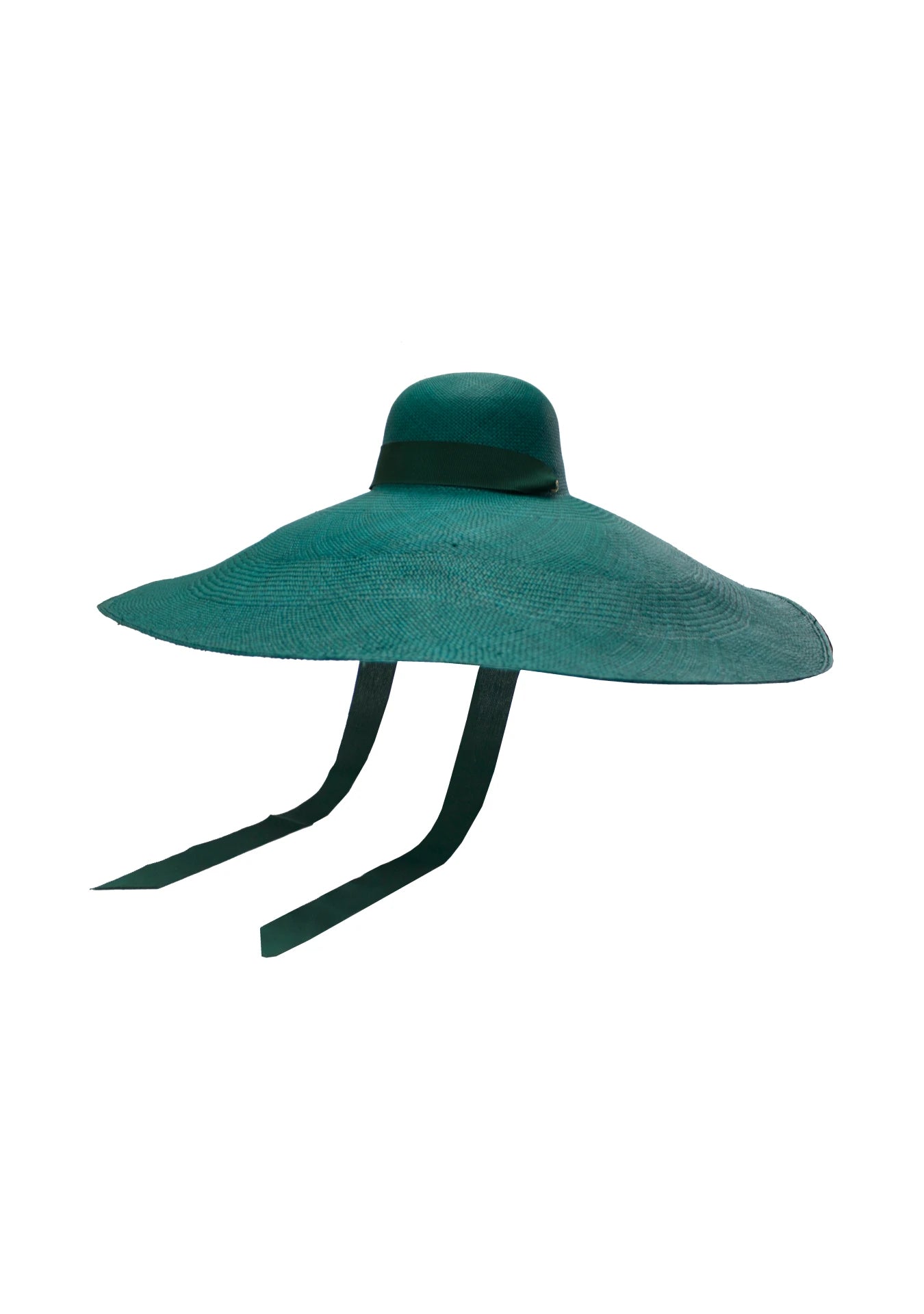 Lady Ibiza Hat in deep green, shown in a front-facing flat lay with wide, undulating brim and structured dome crown, accented by long ribbon ties—crafted for high-impact sunwear style.